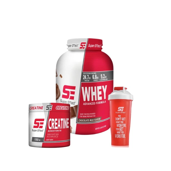 מארז סופר אפקט-אבקת חלבון סופר אפקט+קריאטין סופר אפקט+שייקר קפיץ מקצועי
